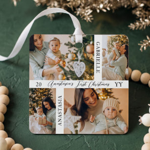 Minimal Baby First Christmas Custom Photo Collage Metal Tree Decoration