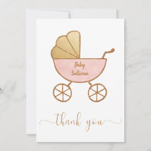 Minimal Baby Girl Shower Retro Carriage Pink Gold Thank You Card