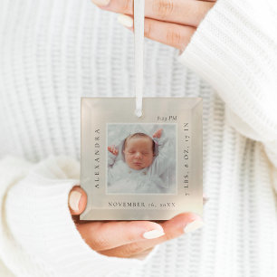 Minimal Baby Name & Birth Stats Photo Keepsake Glass Tree Decoration