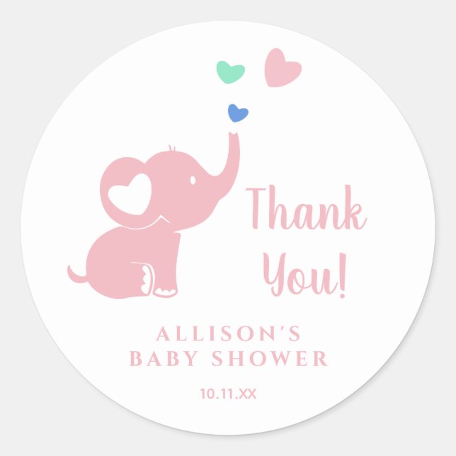 Minimal Baby Shower Girl Pink Elephant Thank You Classic Round Sticker (Front)