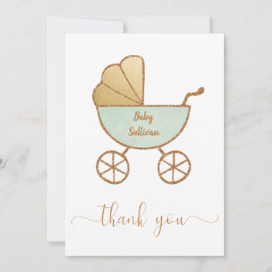 Minimal Baby Shower Retro Carriage Mint Gold Thank You Card