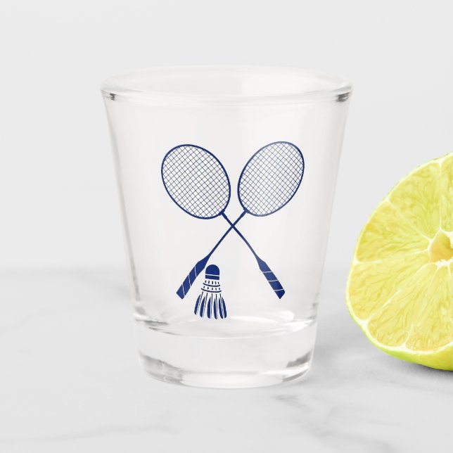 Minimal Badminton Rackets Shuttlecock Birdie Blue  Shot Glass (Front)