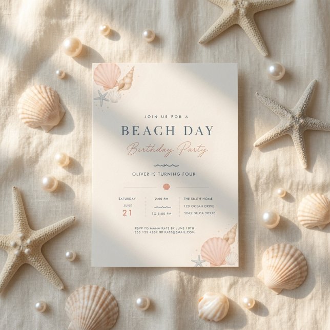 Minimal Beach Day Birthday Coastal Seashell Invitation (Creator Uploaded)