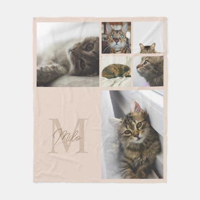Minimal Beige 6 Pet Photo Collage Monogram Fleece Blanket (Front)