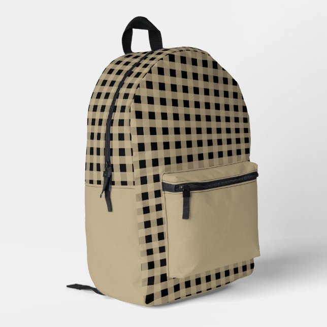 Minimal Beige and Black Plaid Pattern Printed Backpack (Back Corner Left)