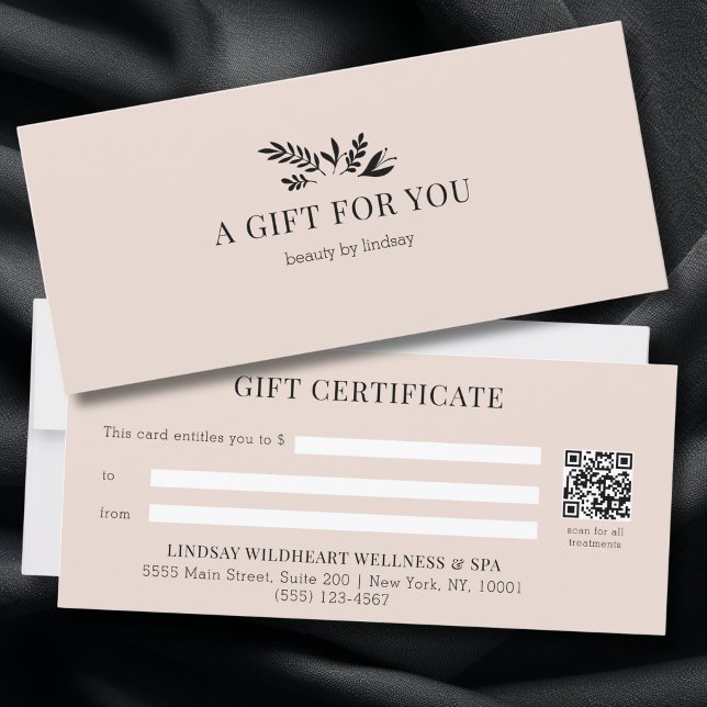 Minimal Beige Botanical QR Code Gift Certificates (Minimal Beige - Blush Botanical Salon QR Code Business Gift Certificates)