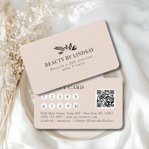 Minimal Beige Botanical Salon QR-Code Loyalty Business Card