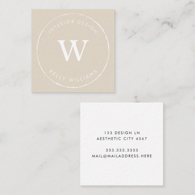 Minimal Beige Circle Business Monogram Branding Square Business Card (Front/Back)