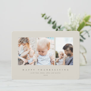 Minimal Beige Frame 3 Photo Happy Thanksgiving Holiday Card