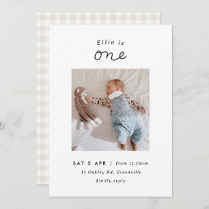 Minimal Beige Gingham Photo 1st Birthday Invite