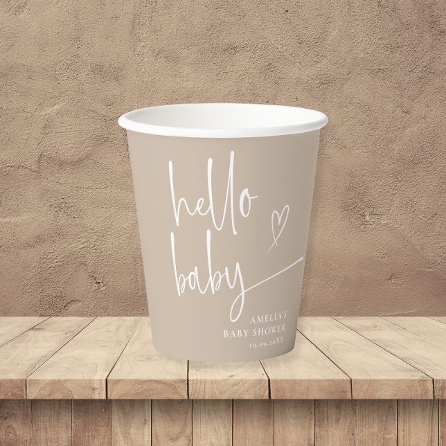 Minimal Beige Hello Baby Modern Baby Shower Paper Cups (Creator Uploaded)