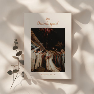 Minimal Beige Palm Leaf Wedding Photo Thank You Card