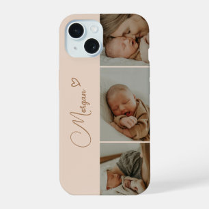 Minimal Beige Script 3 Photo Collage iPhone 15 Case