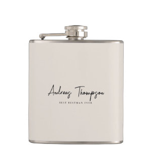 Minimal Best Man Groomsman Beige Sand Script Hip Flask