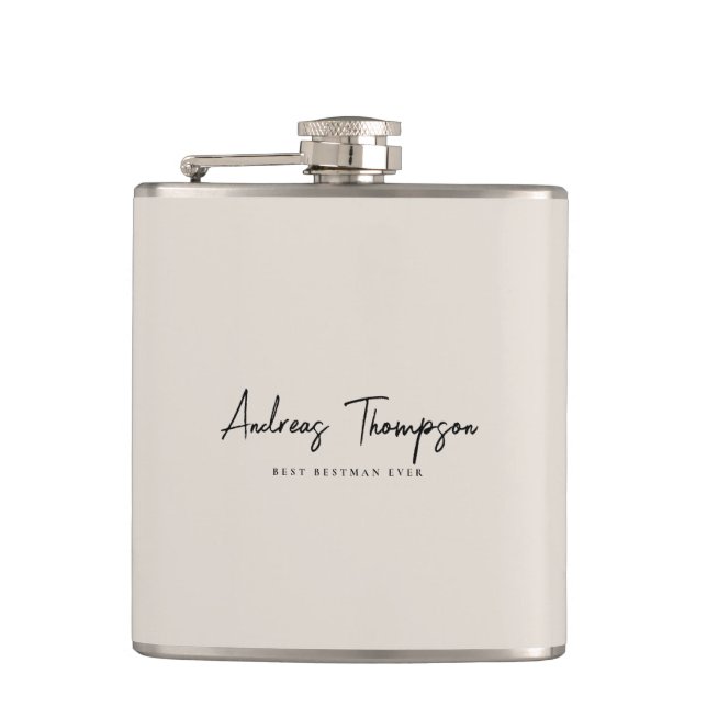 Minimal Best Man Groomsman Beige Sand Script Hip Flask (Front)