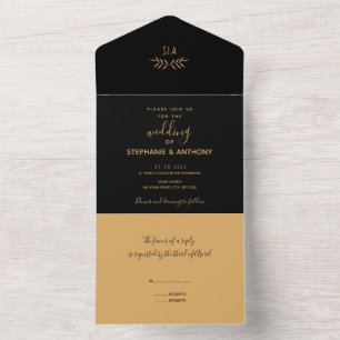 Minimal Black and Gold Branch Calligraphy Wedding All In One Invitation