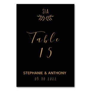Minimal Black and Gold Branch Calligraphy Wedding Table Number