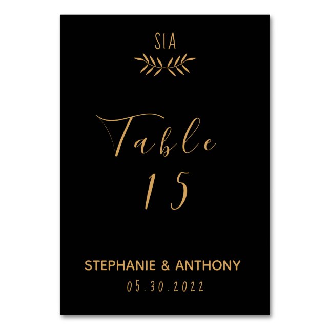 Minimal Black and Gold Branch Calligraphy Wedding Table Number (Front)