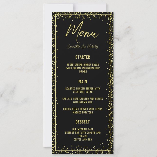 Minimal Black and Gold Wedding Menu Card (Front)