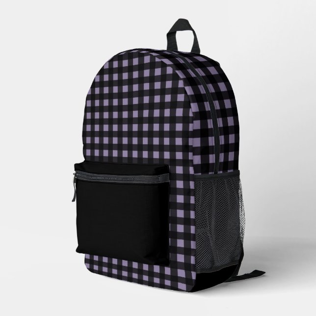 Minimal Black and Lavender Shade Plaid Pattern Printed Backpack (Back Corner Right)