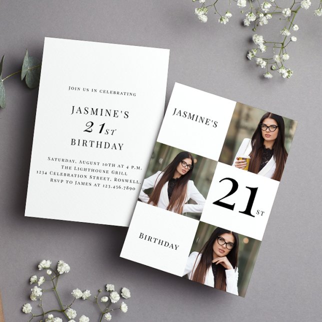 Minimal black and white 3 photo 21st birthday  invitation (Creator Uploaded)