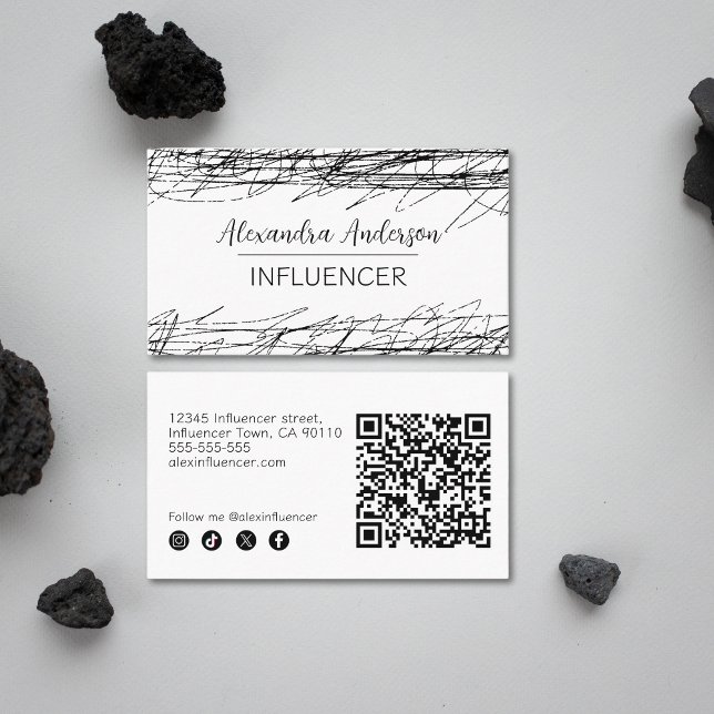Minimal Black And White Abstract Scribble QR Code  Business Card (Minimal Black And White Abstract Scribble QR Code Business Card)