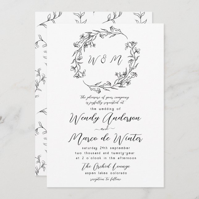 Minimal Black and White Boho Botanical Wedding Invitation (Front/Back)