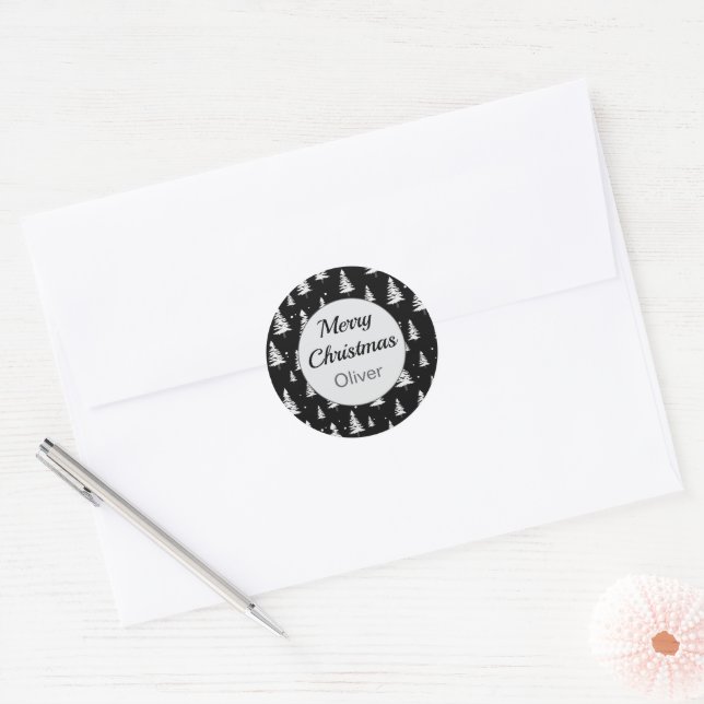 Minimal Black and White Christmas Tree  Classic Round Sticker (Envelope)