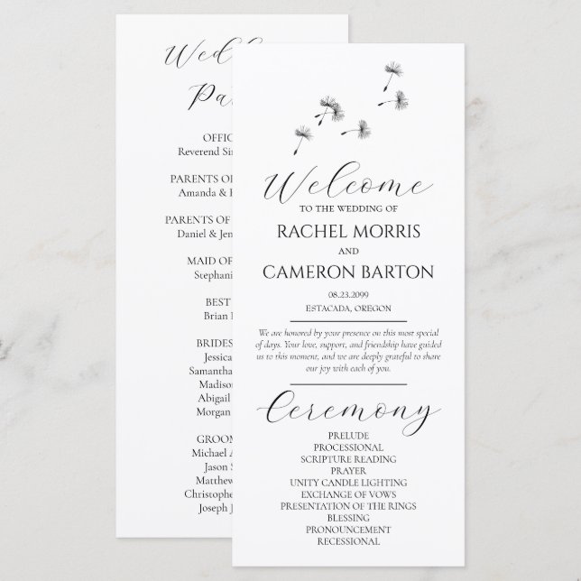 Minimal Black and White Dandelion Puff Ceremony  (Front/Back)