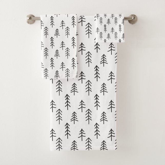 Minimal Black and White Festive Pine Trees Pattern Bath Towel Set (Insitu)