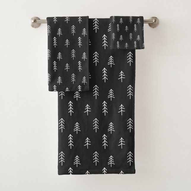 Minimal Black and White Festive Pine Trees Pattern Bath Towel Set (Insitu)
