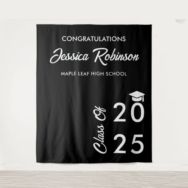 Minimal Black And White Graduation Photo Backdrop Tapestry (Front)