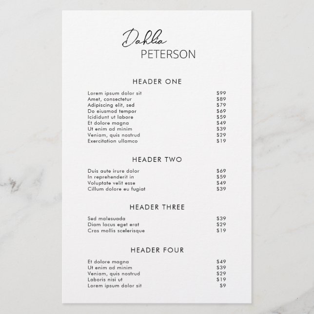 Minimal Black and White Modern Business Price List (Front)