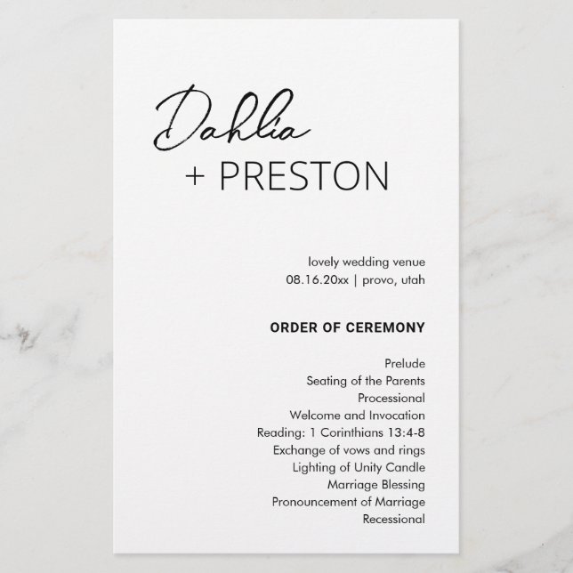 Minimal Black and White Modern Wedding Program (Front)