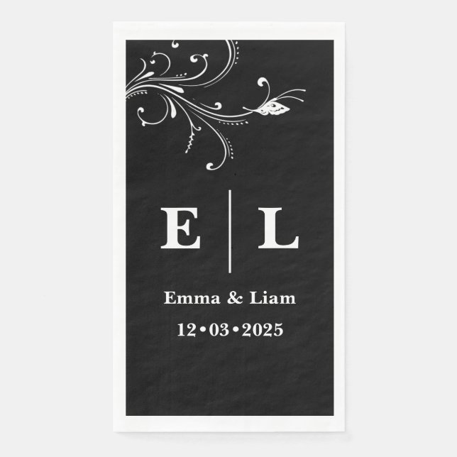 Minimal Black and White Personalised Wedding  Napkin (Front)