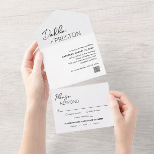 Minimal Black and White QR Code Modern Wedding All In One Invitation