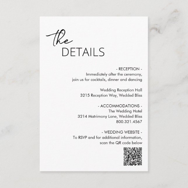 Minimal Black and White QR Code Modern Wedding Enclosure Card (Front)