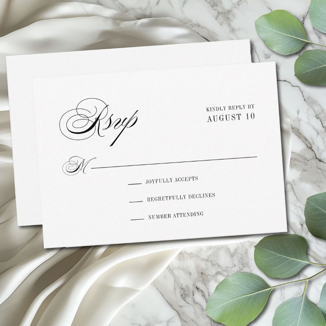 Minimal Black and White Romantic Script Wedding RSVP Card (Elegant minimal modern wedding RSVP card with vintage flair)