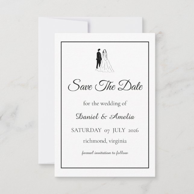 Minimal Black And White Save The Date Card (Front)