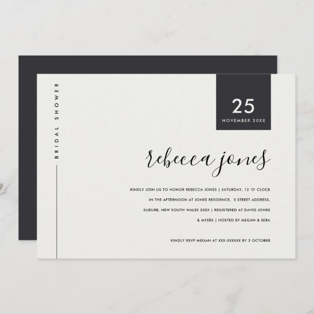 MINIMAL BLACK AND WHITE TYPOGRAPHY BRIDAL SHOWER INVITATION (Front/Back)