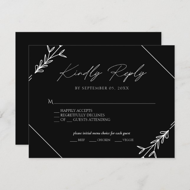 Minimal Black and White Wedding Menu Choice RSVP (Front/Back)
