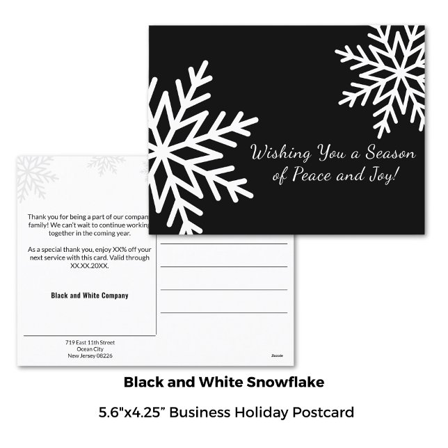 Minimal Black and White Winter Snowflake Business Holiday Postcard (5.6x4.25 Inch, Minimal Black and White Winter Snowflake Business Holiday Postcard)