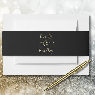 Minimal Black Background Gold Script Wedding   Invitation Belly Band