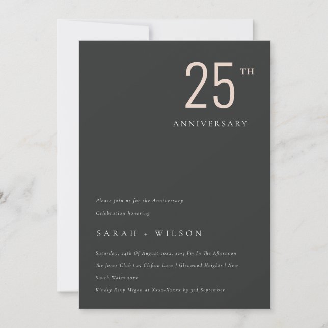 Minimal Black Blush Any Year Anniversary Invite (Front)