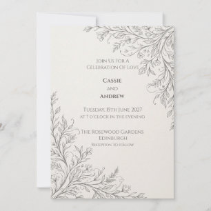 Minimal Black Botanical Line Art Wedding Invitation