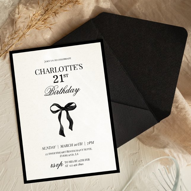 Minimal Black Bow 21th Birthday Invitation (Creator Uploaded)