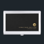 Minimal Black Brushed Gold Monogram Business Card Holder<br><div class="desc">Minimalist monogram design with classic block typography gold brushed metal monogram medallion with personalised name and title or custom text below on a simple black background. Personalise for your custom use.</div>