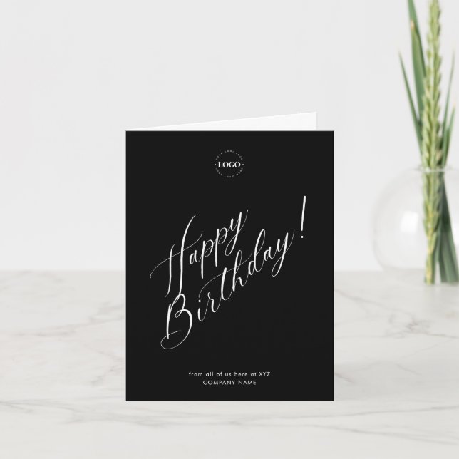 Minimal Black Business Company Logo Happy Birthday Card (Front)