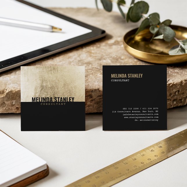 Minimal black chic gold foil elegant colour block square business card (Minimal black chic gold foil elegant color block)