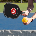 Minimal Black Classic Red Monogram Name Pickleball Paddle<br><div class="desc">Masculine modern design features red monogram emblem on black background with easy to use template for a single letter and name in stylish classic block typography. The design repeats on the reverse side. Perfect pickleball gift for him.</div>